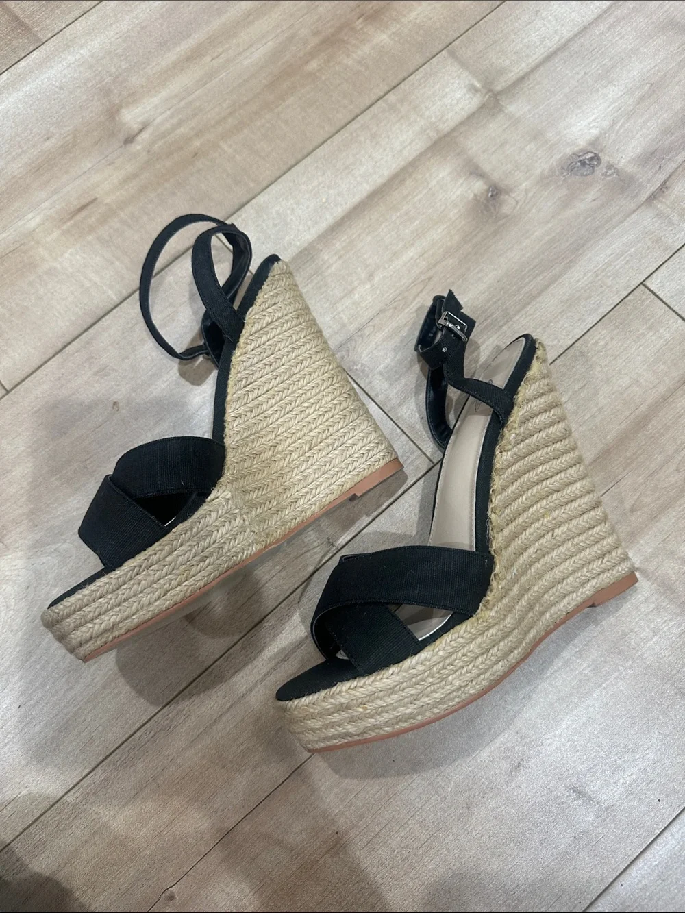 Women’s Black Wedge Sandals with Ankle Strap